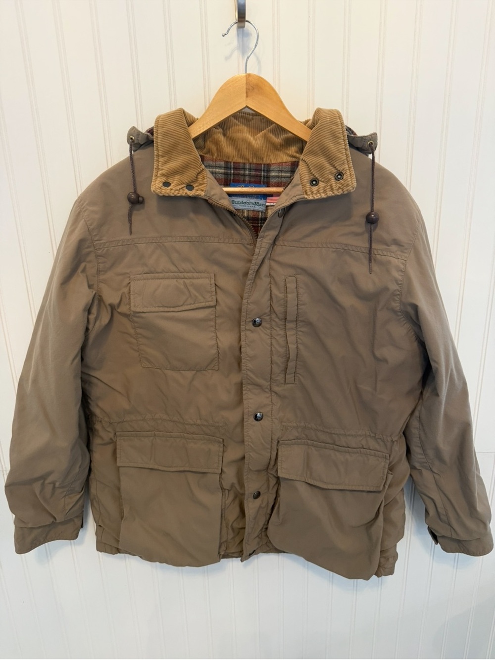 Vintage Pendleton Men's Khaki Brown Puffer Jacket with Corduroy Collar